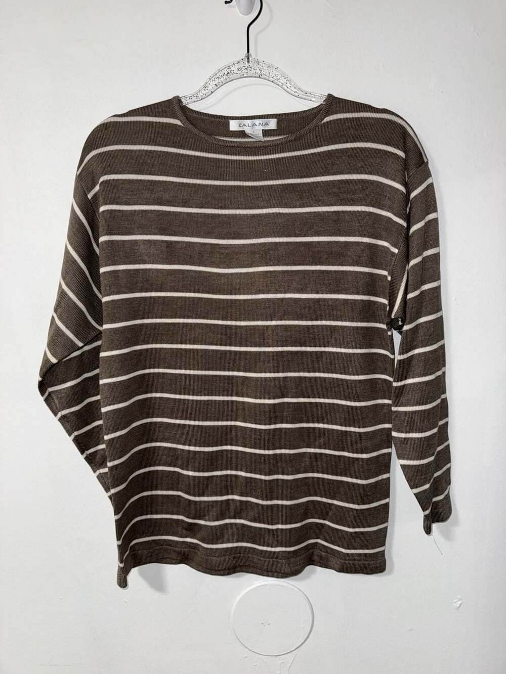 Calana 100% Silk Brown and White Striped Long Sleeve Knit Sweater